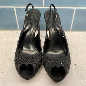 Alexander McQueen Showgirl Emo Slingback Heels 40 Black Crystal Heart Peep Toe